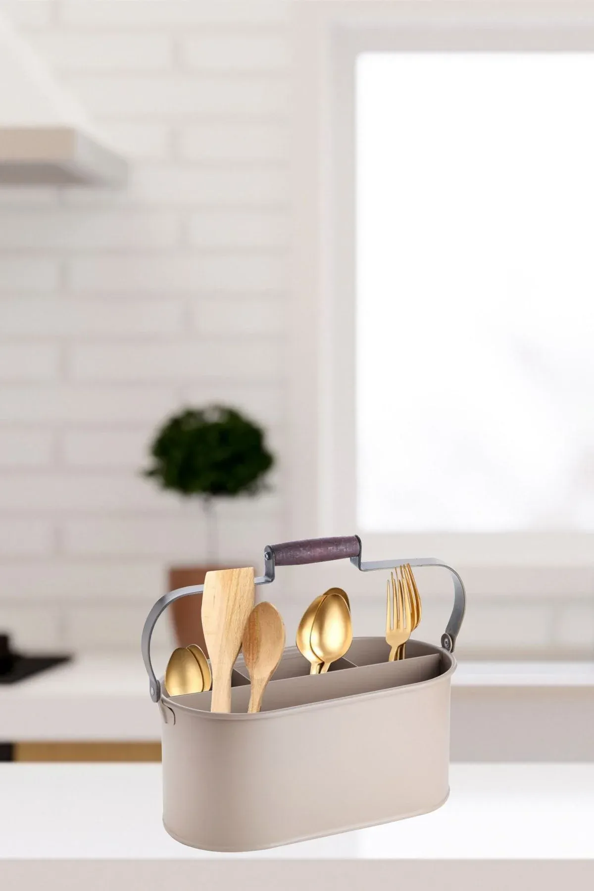 Balsa Tezgah Üstü 4 Bölmeli Metal  Dekoratif Düzenleyici Kaşıklık 28 Cm KREM