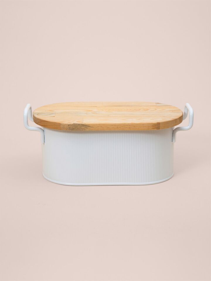 The Mia Stripe Ahşap Kapaklı Ekmek Saklama Kutusu 40x22x18cm BEYAZ