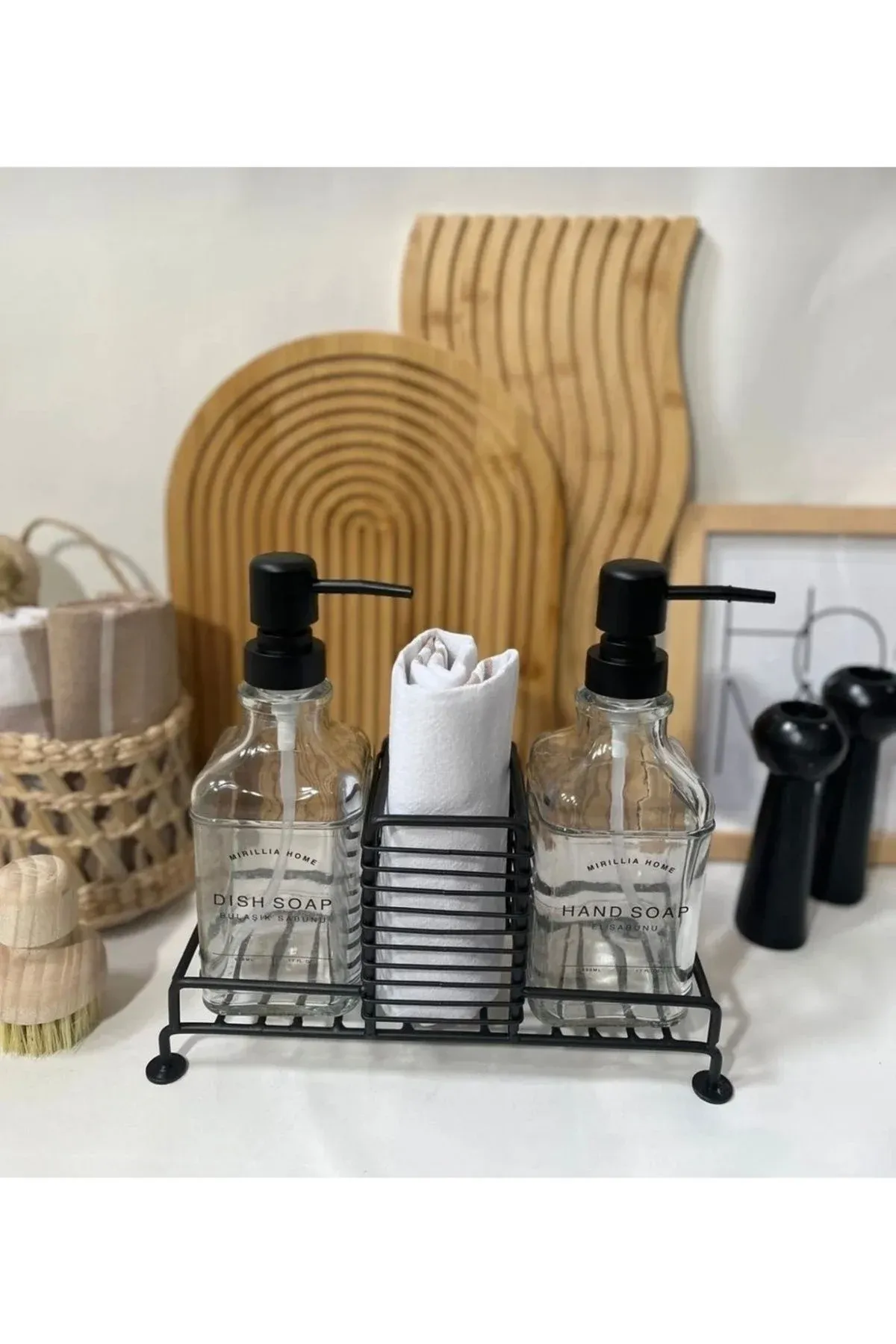 Mien 2'li Metal Standlı Cam Sıvı Sabunluk 500 ml SİYAH