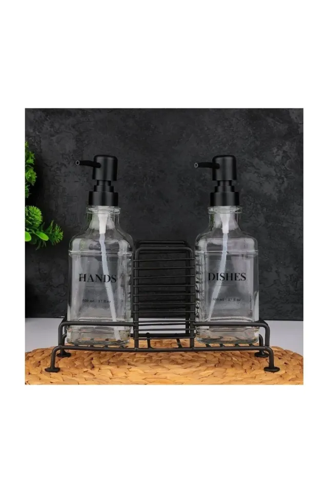 Mien 2'li Metal Standlı Cam Sıvı Sabunluk 500 ml SİYAH
