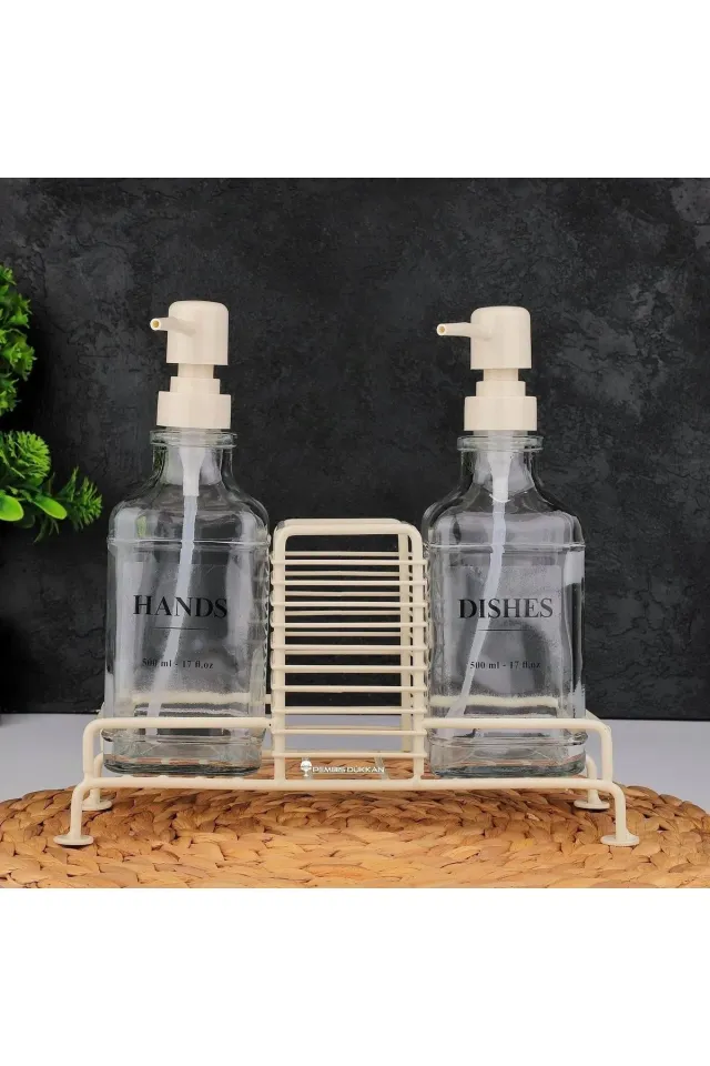 Mien 2'li Metal Standlı Cam Sıvı Sabunluk 500 ml KREM