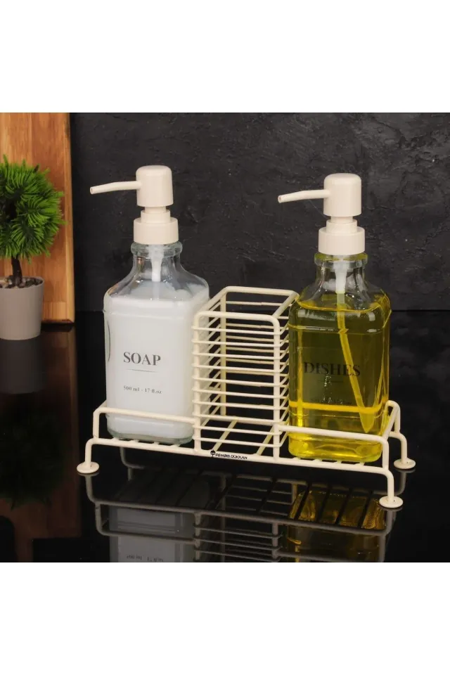 Mien 2'li Metal Standlı Cam Sıvı Sabunluk 500 ml KREM