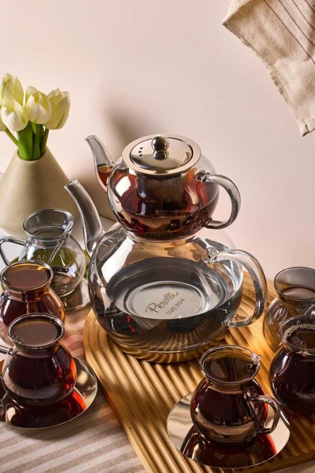 Perotti Keyf-i Ala Füme Premium 20 Parça Indüksiyon Tabanlı Borosilikat Çay Seti 500 ml Demlik 1800 ml Suluk