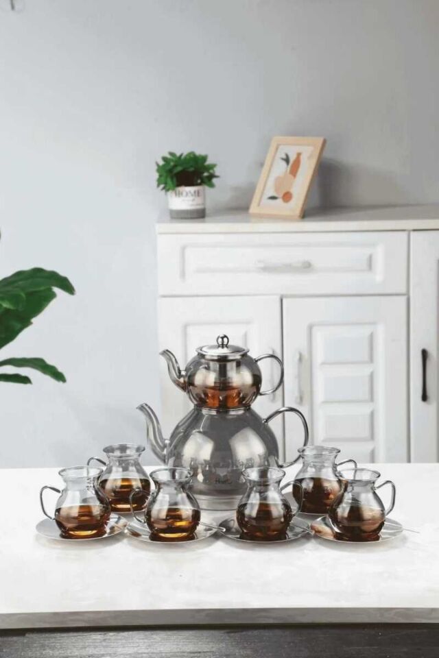 Perotti Keyf-i Ala Füme Premium 20 Parça Indüksiyon Tabanlı Borosilikat Çay Seti 500 ml Demlik 1800 ml Suluk