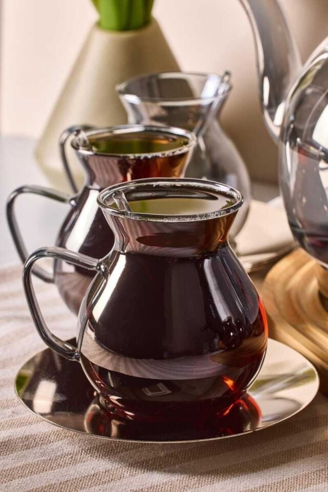 Perotti Keyf-i Ala Füme Premium 20 Parça Indüksiyon Tabanlı Borosilikat Çay Seti 500 ml Demlik 1800 ml Suluk