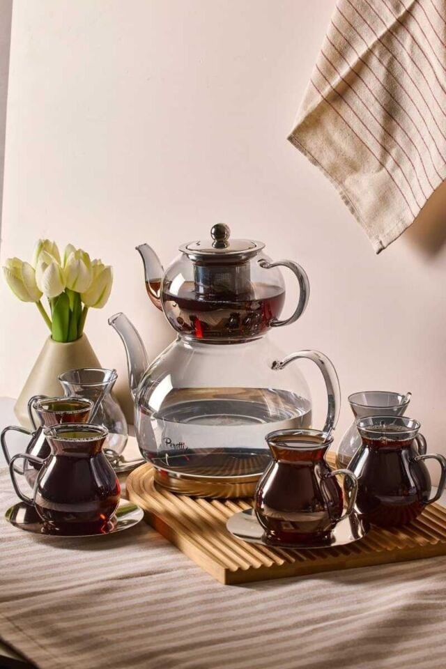 Perotti Keyf-i Ala Füme Premium 20 Parça Indüksiyon Tabanlı Borosilikat Çay Seti 500 ml Demlik 1800 ml Suluk