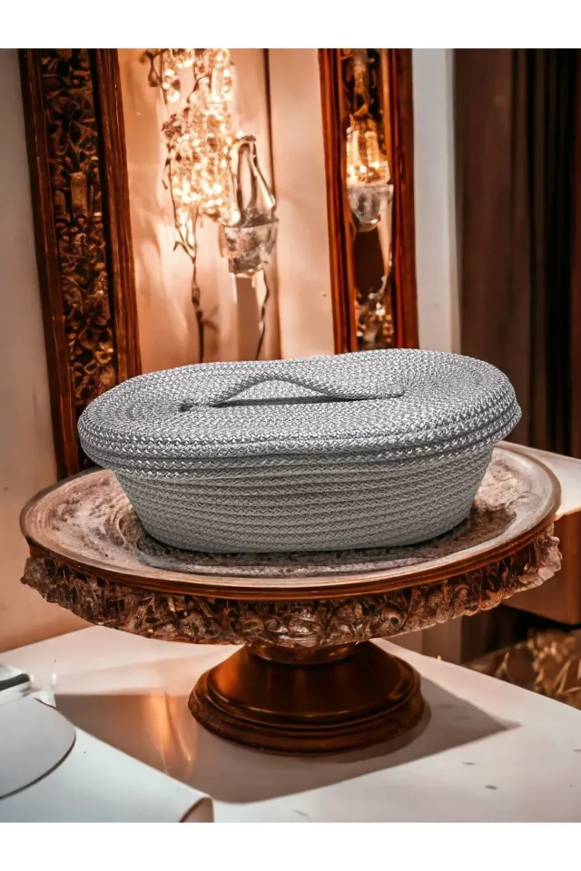 Dekoratif Kapaklı Oval Örgü Sepet GRİ