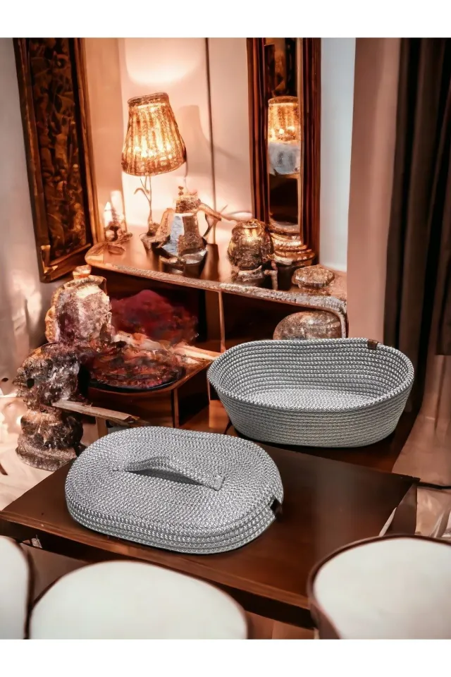 Dekoratif Kapaklı Oval Örgü Sepet GRİ