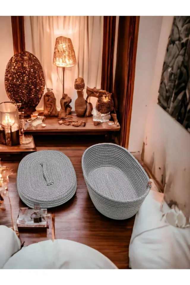 Dekoratif Kapaklı Oval Örgü Sepet GRİ