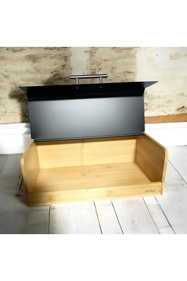 Arow Metal Kapaklı Bambu Ekmek Dolabı 36x23 Cm Siyah-Beyaz-Gri-Krem SİYAH