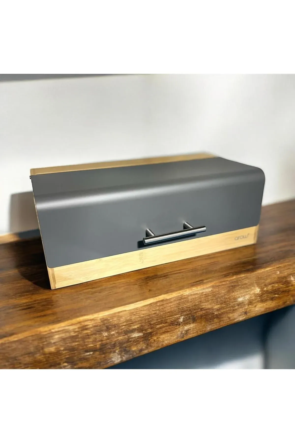 Arow Metal Kapaklı Bambu Ekmek Dolabı 36x23 Cm Siyah-Beyaz-Gri-Krem GRİ