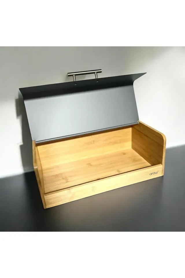Arow Metal Kapaklı Bambu Ekmek Dolabı 36x23 Cm Siyah-Beyaz-Gri-Krem GRİ