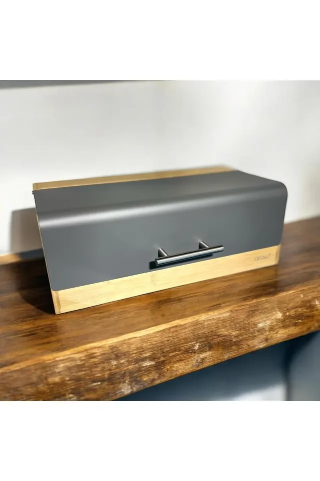 Arow Metal Kapaklı Bambu Ekmek Dolabı 36x23 Cm Siyah-Beyaz-Gri-Krem GRİ