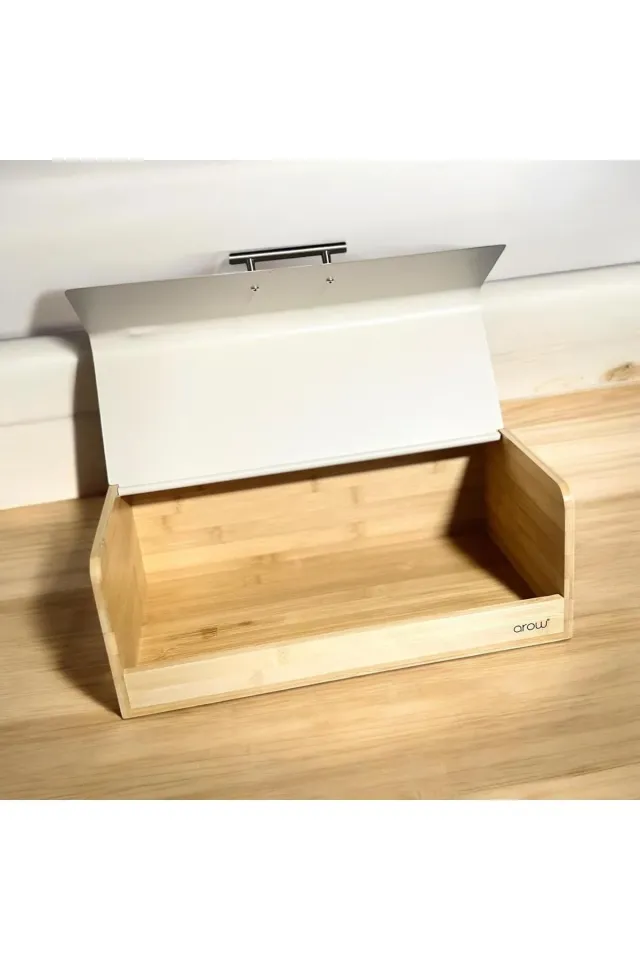 Arow Metal Kapaklı Bambu Ekmek Dolabı 36x23 Cm Siyah-Beyaz-Gri-Krem KREM