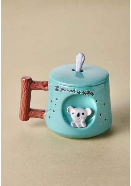 The Mia Hayvan Desenli Kapaklı ve Kaşıklı Seramik Kupa 370 ml KOALA