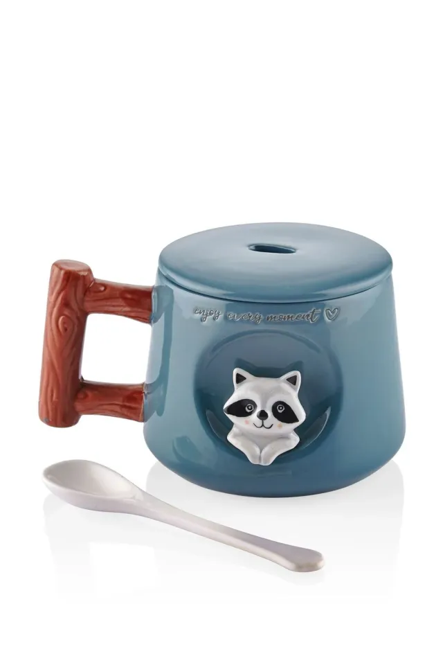 The Mia Hayvan Desenli Kapaklı ve Kaşıklı Seramik Kupa 370 ml RAKUN