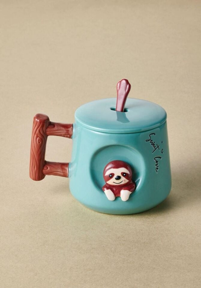 The Mia Hayvan Desenli Kapaklı ve Kaşıklı Seramik Kupa 370 ml TEMBEL HAYVAN