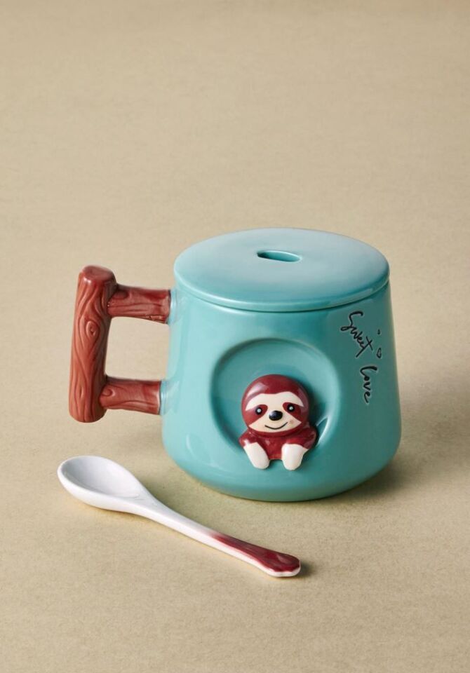 The Mia Hayvan Desenli Kapaklı ve Kaşıklı Seramik Kupa 370 ml TEMBEL HAYVAN