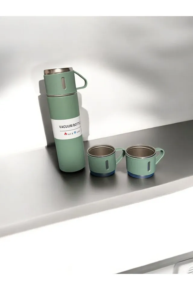 Paslanmaz Çelik 500 Ml Sıcak-Soğuk Termos Seti 3 Bardaklı YEŞİL