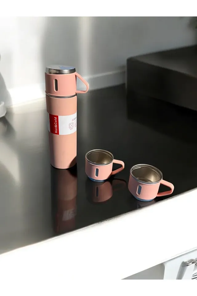 Paslanmaz Çelik 500 Ml Sıcak-Soğuk Termos Seti 3 Bardaklı PEMBE