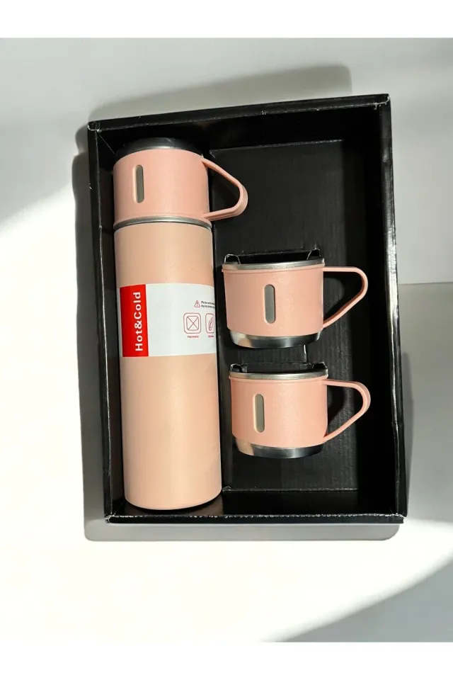 Paslanmaz Çelik 500 Ml Sıcak-Soğuk Termos Seti 3 Bardaklı PEMBE