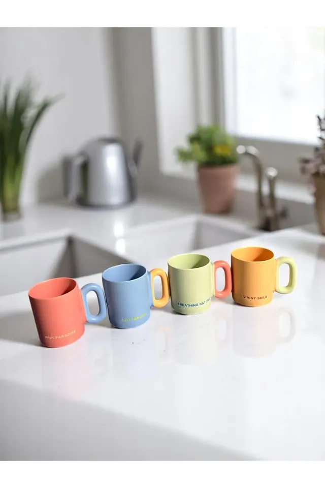 The Mia  Porselen Kupa 330 ml 4 Lü set Pembe-Sarı-Yeşil-Mavi