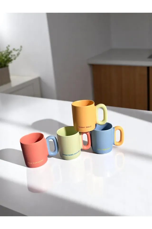 The Mia  Porselen Kupa 330 ml 4 Lü set Pembe-Sarı-Yeşil-Mavi