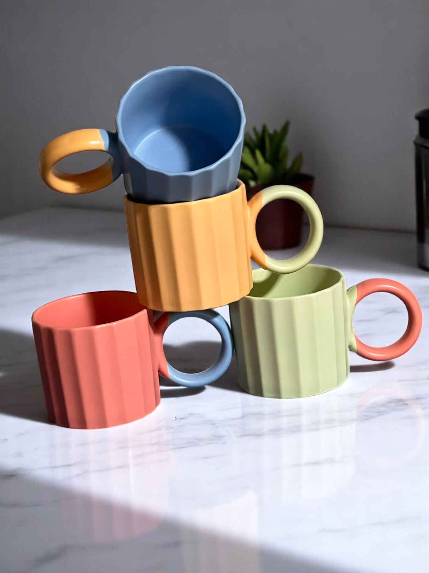 The Mia  Porselen Kupa 250 ml 4 Lü Set Sarı-Pembe-Yeşil-Mavi
