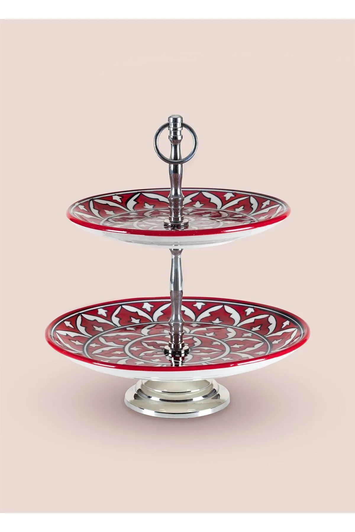 The Mia Corallo 2 Katlı Kek Pasta Servis Sunum Tabağı Kırmızı ve Mavi Renk