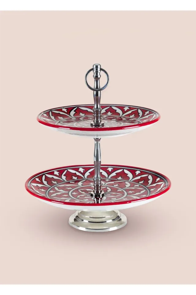 The Mia Corallo 2 Katlı Kek Pasta Servis Sunum Tabağı Kırmızı ve Mavi Renk