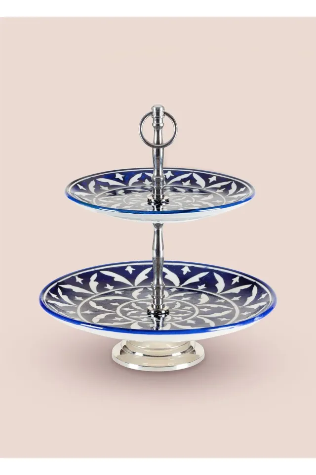 The Mia Corallo 2 Katlı Kek Pasta Servis Sunum Tabağı Kırmızı ve Mavi Renk