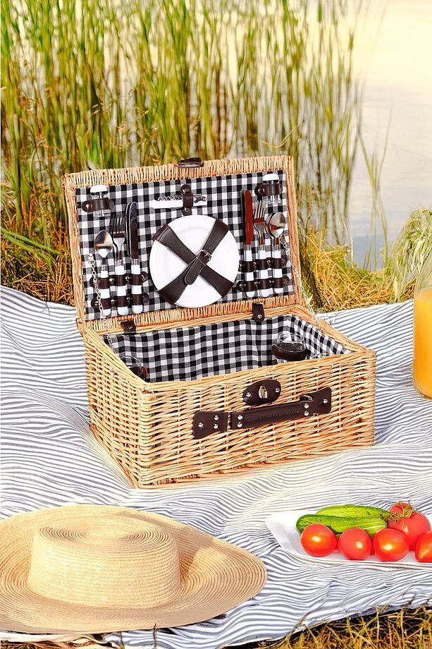 Perotti Picno Italy 4 Kişilik Hasır, Siyah Astarlı, Aksesuar Sepeti ile Taşınabilir Piknik Sepeti