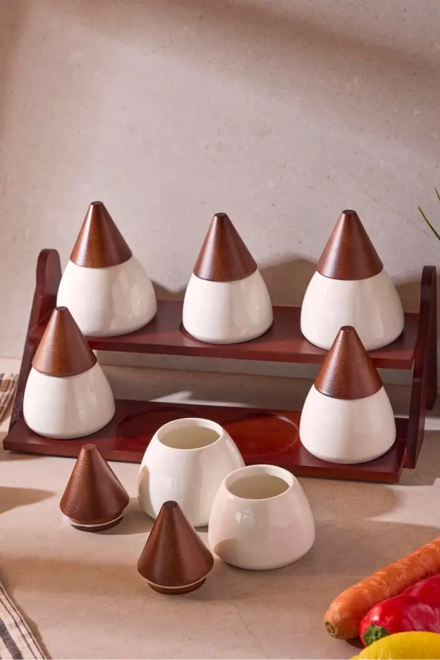 Perotti Sharp Porselen 7'li Baharatlık Seti Dekoratif Çok Amaçlı Ergonomik Mutfak Organizeri