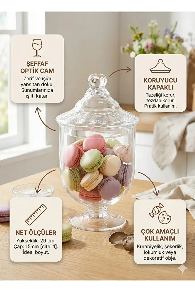 The Mia Ayaklı Cam Kapaklı Kavanoz 29x15 cm Dekoratif Sunum, Şekerlik ve Kurabiyelik