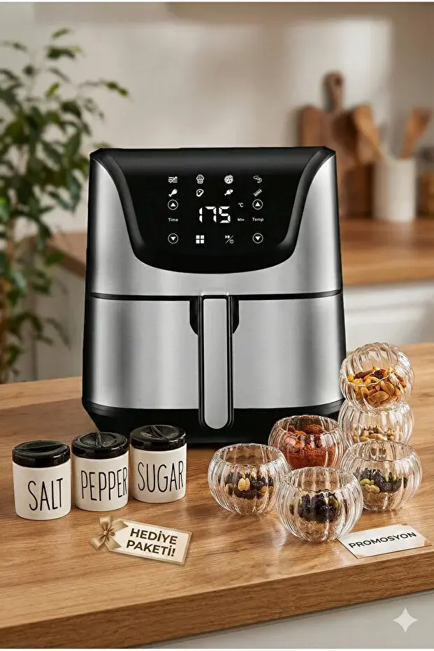 RİVO HOME DECOR Arow Favor 5.5 Litre Inox Airfryer Yağsız Fritöz 1700W Dokunmatik Led Ekranlı Baharatlık&Lokumluk HEDİYELİ