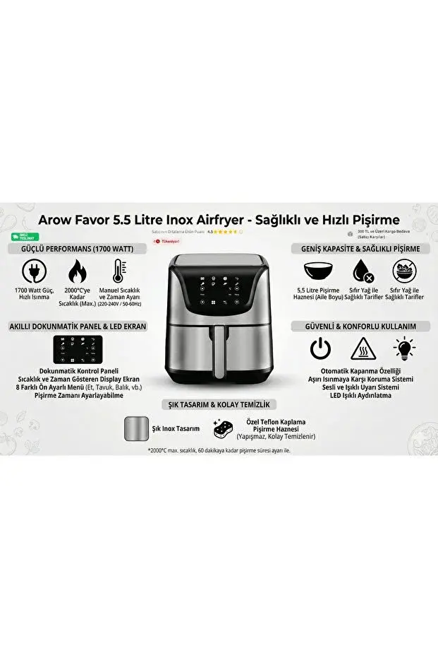 RİVO HOME DECOR Arow Favor 5.5 Litre Inox Airfryer Yağsız Fritöz 1700W Dokunmatik Led Ekranlı Baharatlık&Lokumluk HEDİYELİ