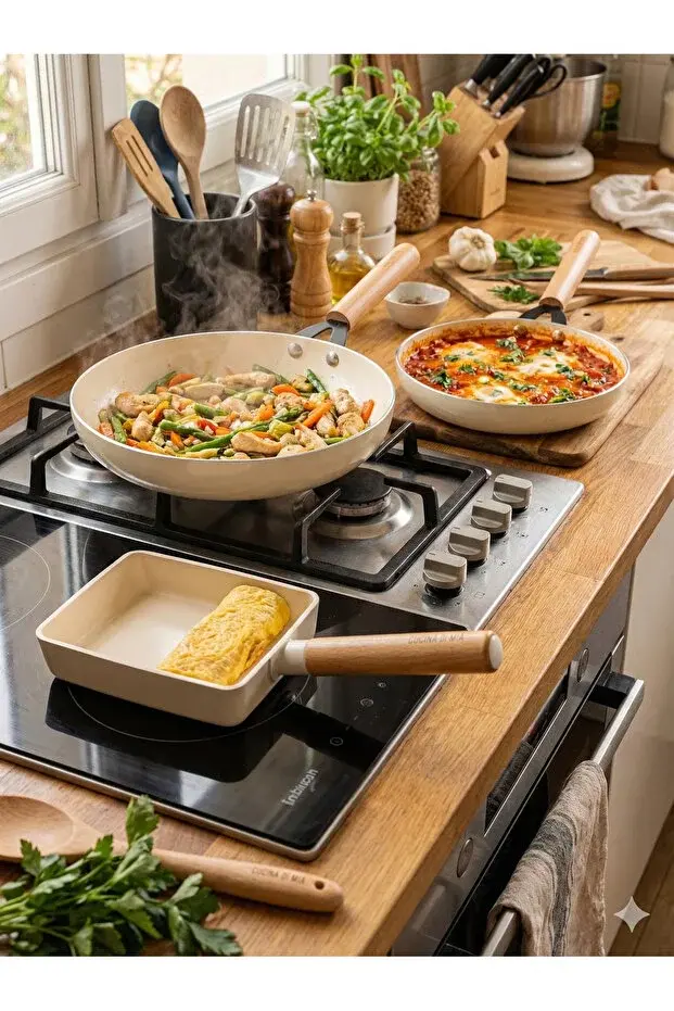 The Mia Cucina Di Mia 3'lü Seramik Tava Seti 24cm 26cm Omlet İndüksiyon Uyumlu
