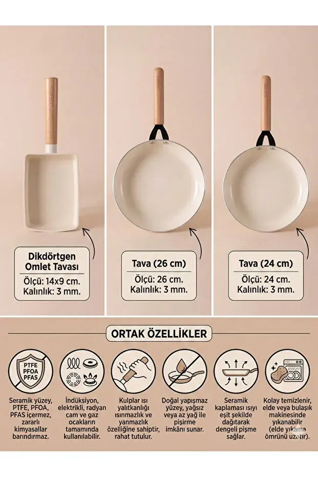 The Mia Cucina Di Mia 3'lü Seramik Tava Seti 24cm 26cm Omlet İndüksiyon Uyumlu