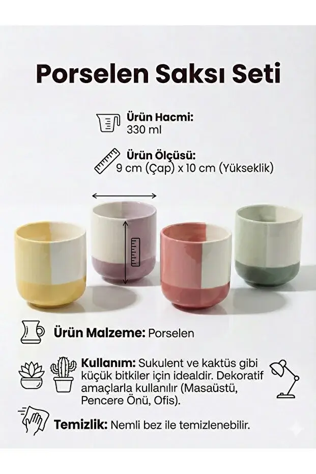 The Mia 4'lü Renkli Porselen Saksı Seti 9x10 Cm 330 Ml Dekoratif Saksı