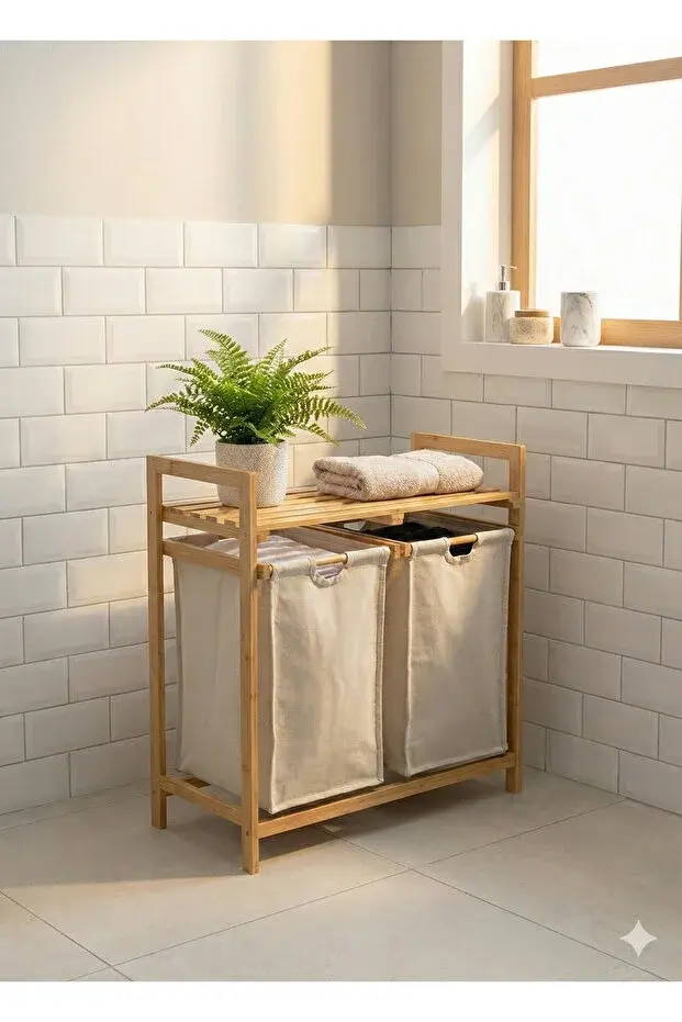 The Mia Bambu 2 Bölmeli Kirli Çamaşır Sepeti 67.5 Litre - Raflı Banyo Düzenleyici Organizer 74x64 cm