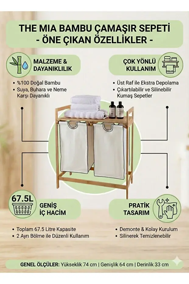 The Mia Bambu 2 Bölmeli Kirli Çamaşır Sepeti 67.5 Litre - Raflı Banyo Düzenleyici Organizer 74x64 cm