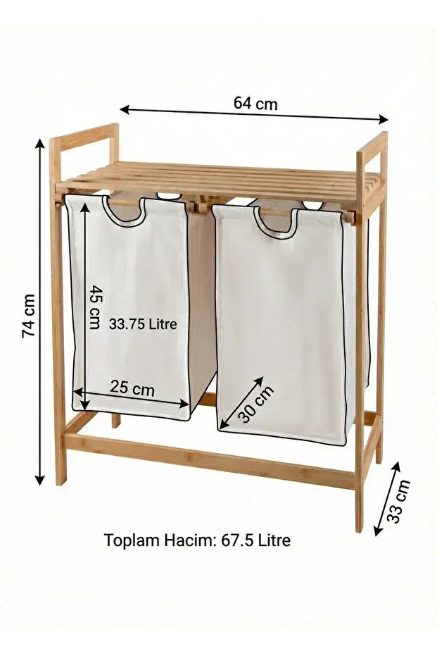 The Mia Bambu 2 Bölmeli Kirli Çamaşır Sepeti 67.5 Litre - Raflı Banyo Düzenleyici Organizer 74x64 cm