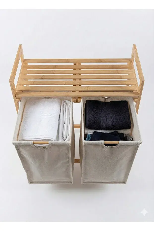 The Mia Bambu 2 Bölmeli Kirli Çamaşır Sepeti 67.5 Litre - Raflı Banyo Düzenleyici Organizer 74x64 cm