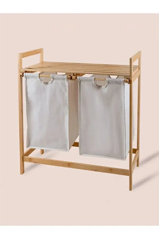 The Mia Bambu 2 Bölmeli Kirli Çamaşır Sepeti 67.5 Litre - Raflı Banyo Düzenleyici Organizer 74x64 cm