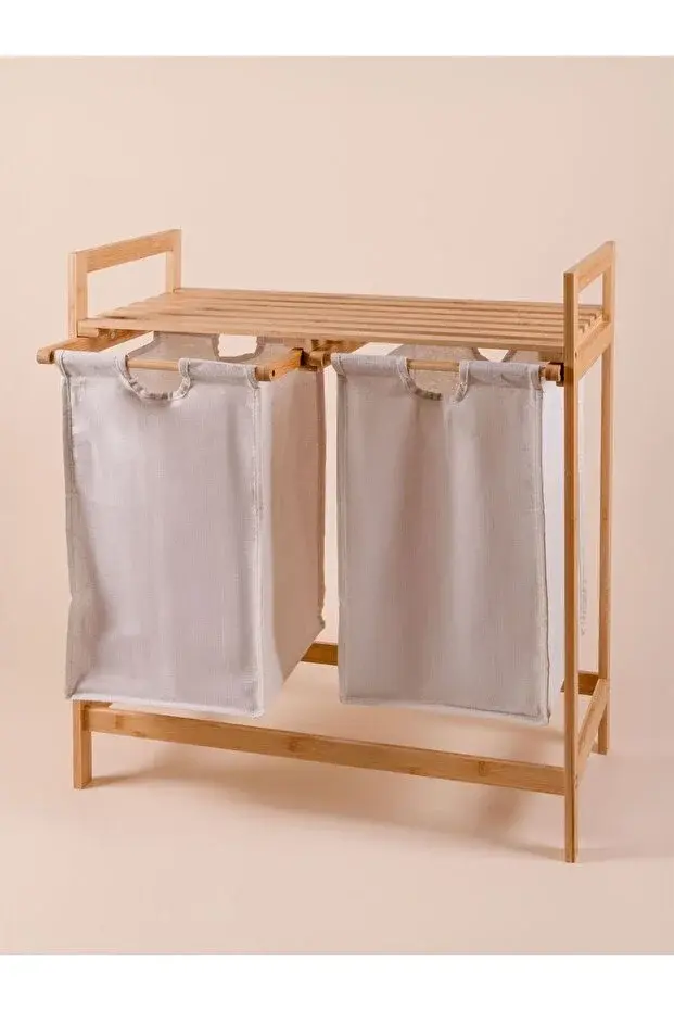 The Mia Bambu 2 Bölmeli Kirli Çamaşır Sepeti 67.5 Litre - Raflı Banyo Düzenleyici Organizer 74x64 cm