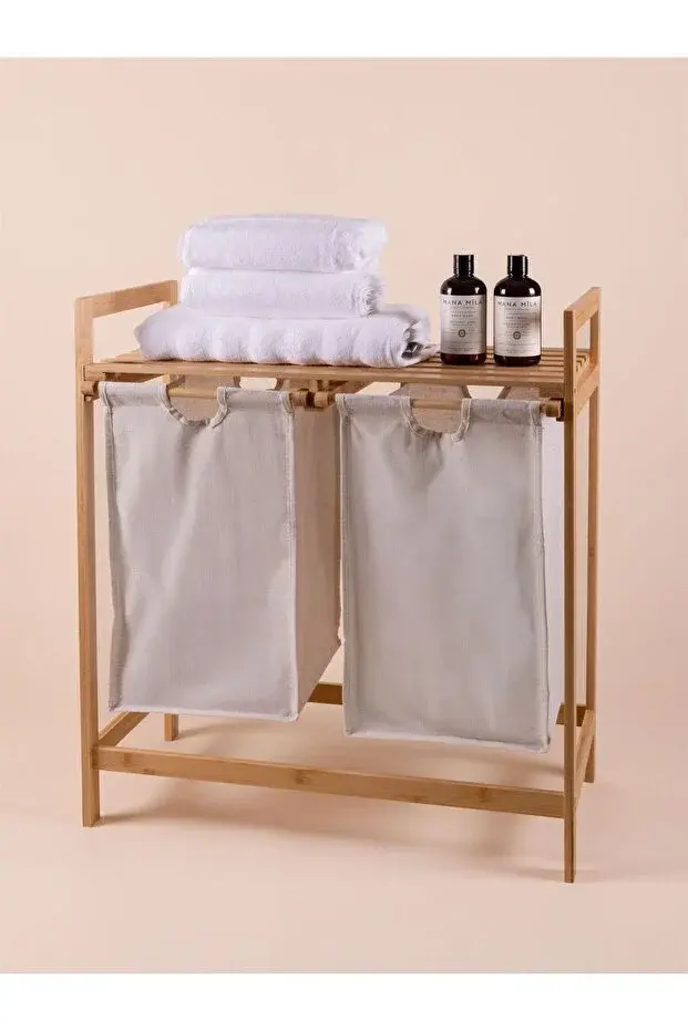 The Mia Bambu 2 Bölmeli Kirli Çamaşır Sepeti 67.5 Litre - Raflı Banyo Düzenleyici Organizer 74x64 cm