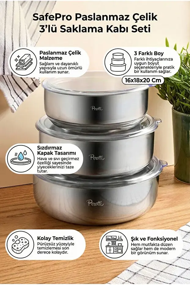 Peroti Safepro Paslanmaz Çelik 3'lü Saklama Kabı Seti 16x18x20 Cm
