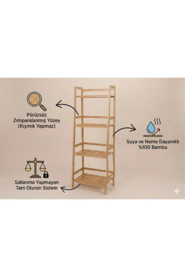 The Mia %100 Doğal Bambu 4 Katlı Banyo Düzenleyici Raf & Mutfak Dolabı (120x49 cm)