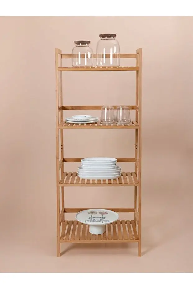 The Mia %100 Doğal Bambu 4 Katlı Banyo Düzenleyici Raf & Mutfak Dolabı (120x49 cm)