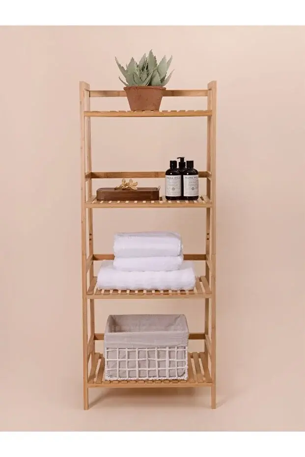 The Mia %100 Doğal Bambu 4 Katlı Banyo Düzenleyici Raf & Mutfak Dolabı (120x49 cm)